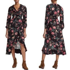 Maje Wrap Dress Sz 1 Small Rosetina Floral Long Sleeve High Low Ruffle Midi NWT